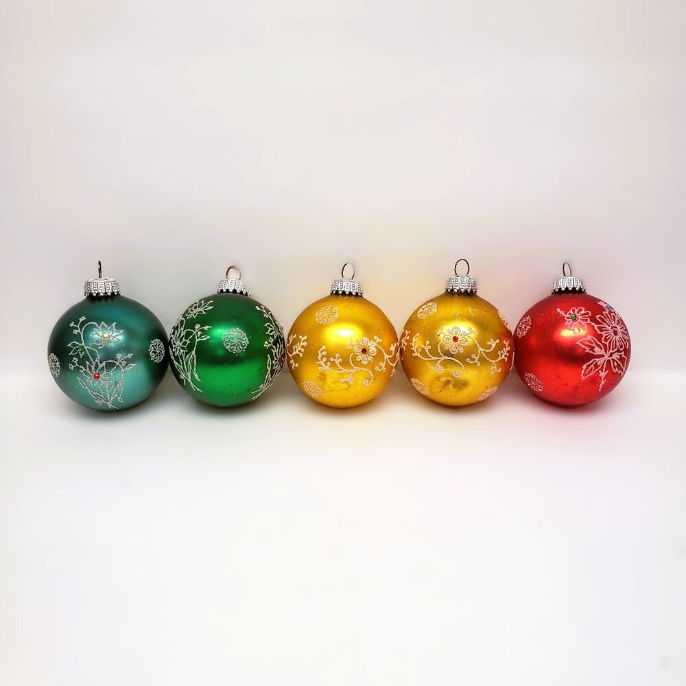 Vtg West Germany Blown Glass Ball Christmas Ornament Lot Set x5 Floral Edelweiss